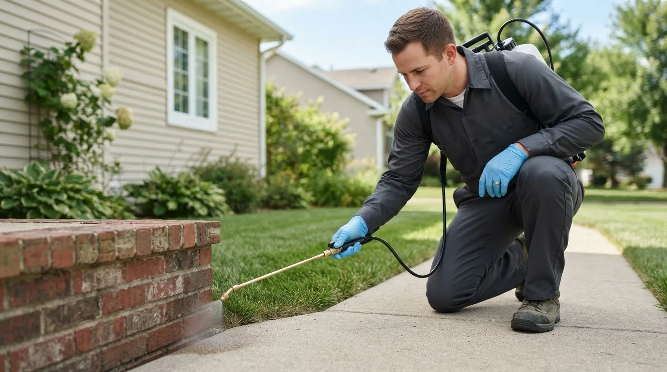 Pest control technician treating a home near South Carrollton, KY